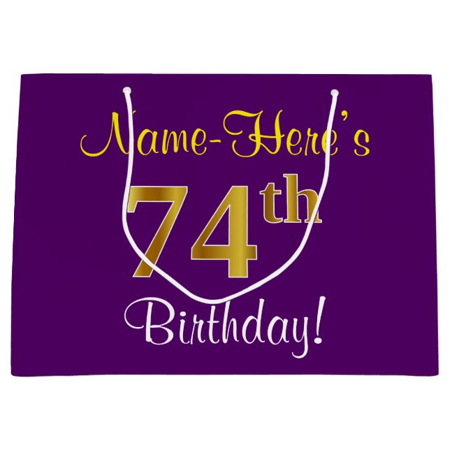 Elegant, Purple, Faux Gold 74th Birthday + Name Large Gift Bag (Front)