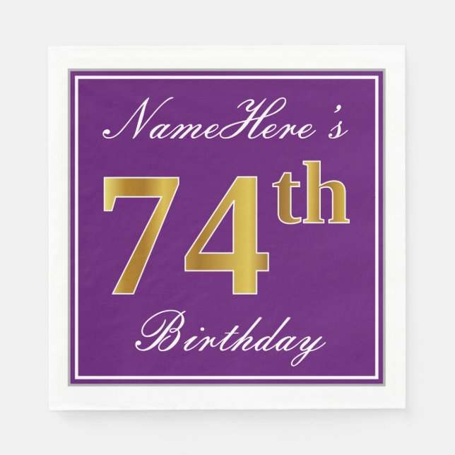 Elegant Purple, Faux Gold 74th Birthday + Name Napkin (Front)