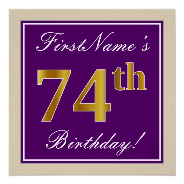 Elegant, Purple, Faux Gold 74th Birthday + Name Poster (Front)