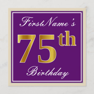 Elegant, Purple, Faux Gold 75th Birthday + Name Invitation