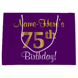 Elegant, Purple, Faux Gold 75th Birthday + Name Large Gift Bag
