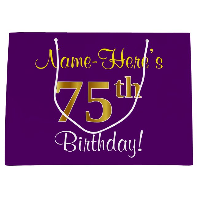 Elegant, Purple, Faux Gold 75th Birthday + Name Large Gift Bag (Front)