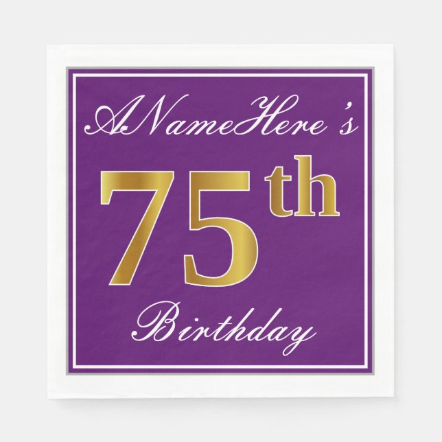 Elegant Purple, Faux Gold 75th Birthday + Name Napkin (Front)