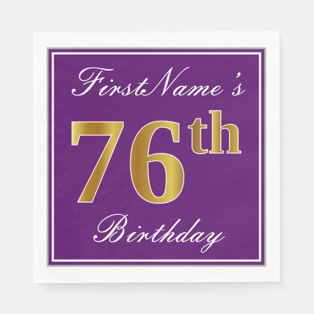 Elegant Purple, Faux Gold 76th Birthday + Name Napkin (Front)