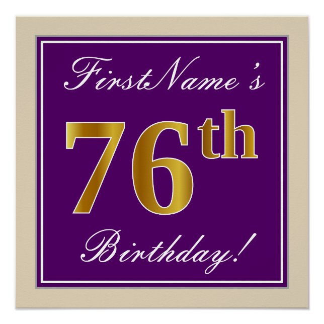 Elegant, Purple, Faux Gold 76th Birthday + Name Poster (Front)