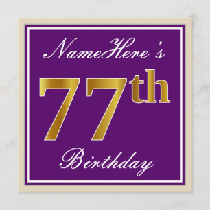 Elegant, Purple, Faux Gold 77th Birthday + Name Invitation