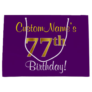 Elegant, Purple, Faux Gold 77th Birthday + Name Large Gift Bag