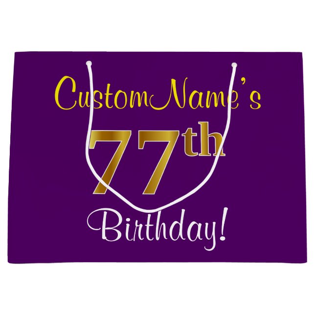 Elegant, Purple, Faux Gold 77th Birthday + Name Large Gift Bag (Front)