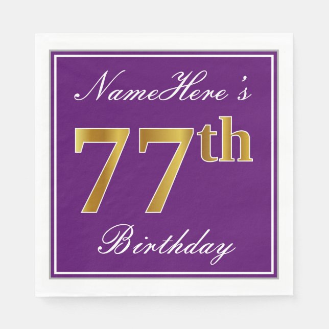 Elegant Purple, Faux Gold 77th Birthday + Name Napkin (Front)