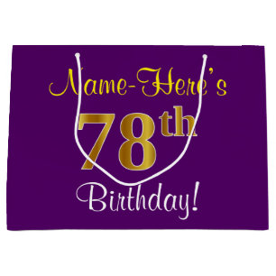 Elegant, Purple, Faux Gold 78th Birthday + Name Large Gift Bag
