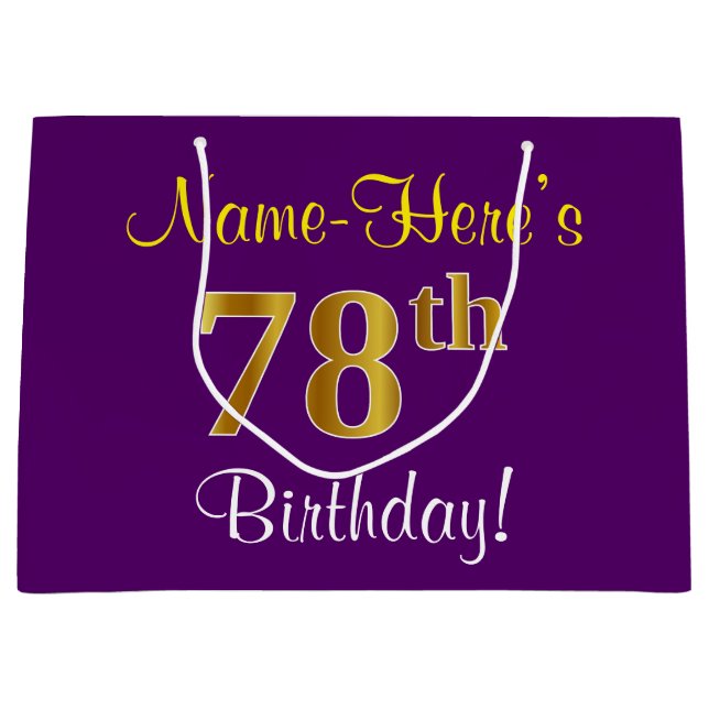 Elegant, Purple, Faux Gold 78th Birthday + Name Large Gift Bag (Front)