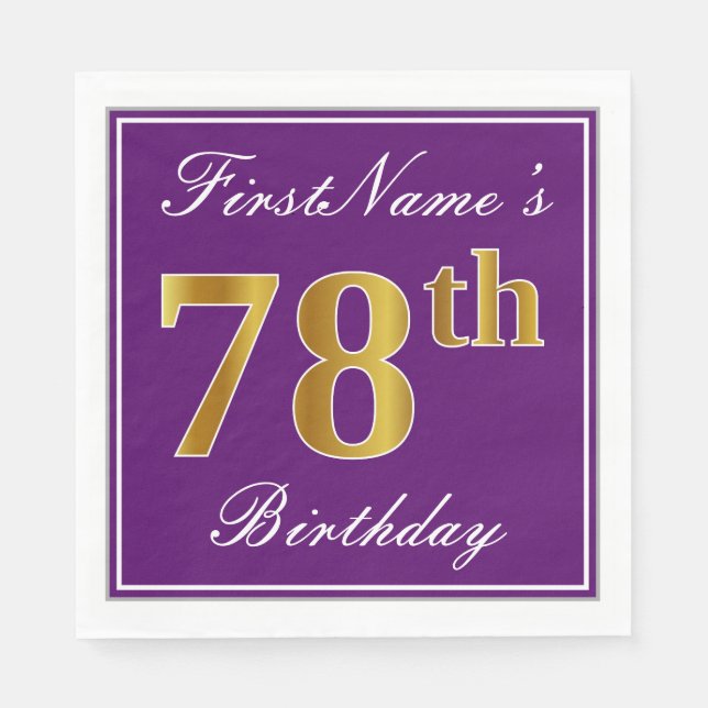 Elegant Purple, Faux Gold 78th Birthday + Name Napkin (Front)