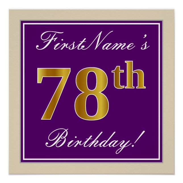 Elegant, Purple, Faux Gold 78th Birthday + Name Poster (Front)
