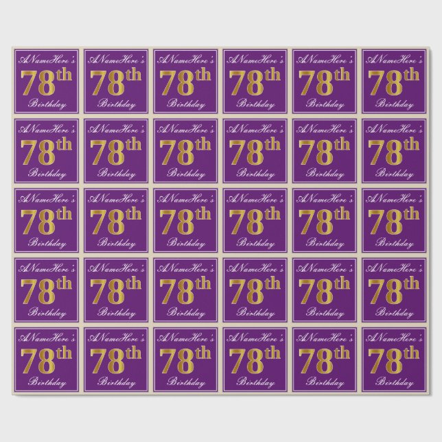Elegant, Purple, Faux Gold 78th Birthday + Name Wrapping Paper (Flat)