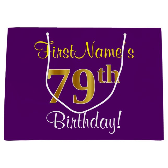 Elegant, Purple, Faux Gold 79th Birthday + Name Large Gift Bag (Front)