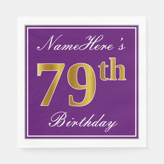 Elegant Purple, Faux Gold 79th Birthday + Name Napkin (Front)