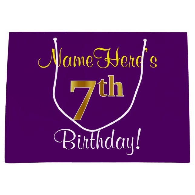 Elegant, Purple, Faux Gold 7th Birthday + Name Large Gift Bag (Front)