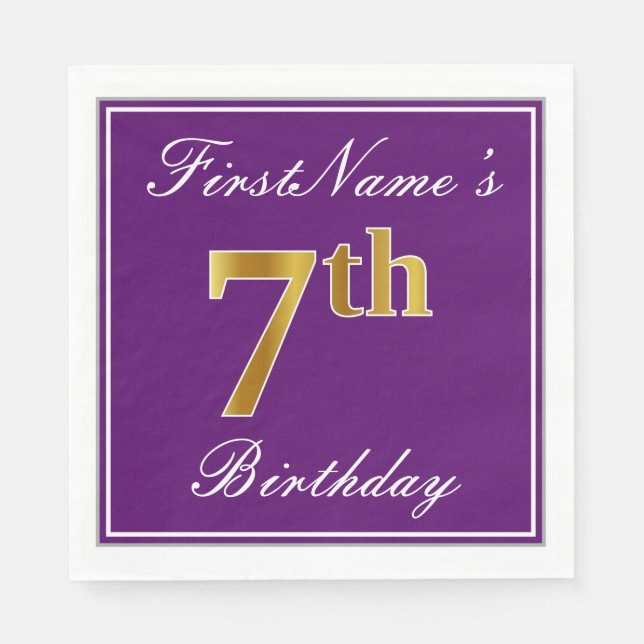 Elegant Purple, Faux Gold 7th Birthday + Name Napkin (Front)
