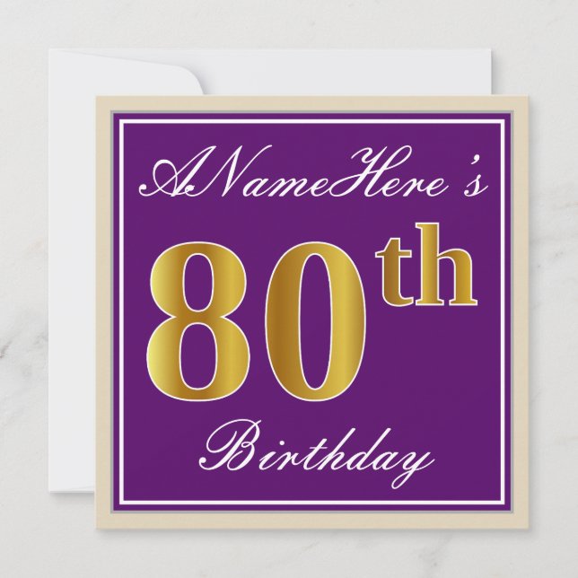 Elegant, Purple, Faux Gold 80th Birthday + Name Invitation (Front)