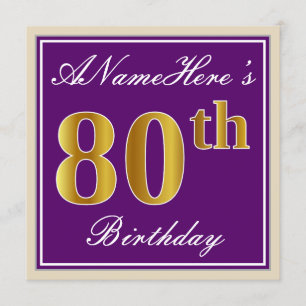 Elegant, Purple, Faux Gold 80th Birthday + Name Invitation