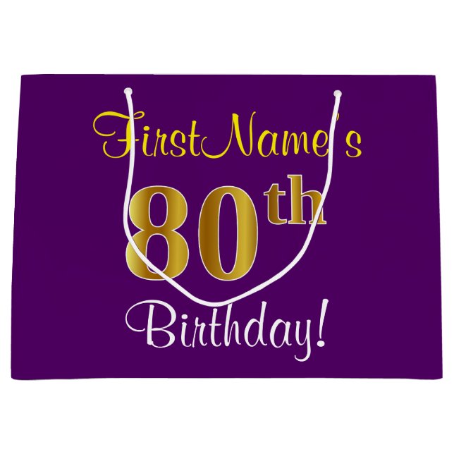 Elegant, Purple, Faux Gold 80th Birthday + Name Large Gift Bag (Front)