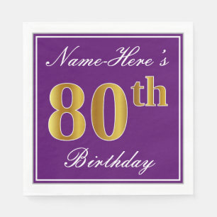 Elegant Purple, Faux Gold 80th Birthday + Name Napkin