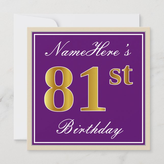 Elegant, Purple, Faux Gold 81st Birthday + Name Invitation (Front)