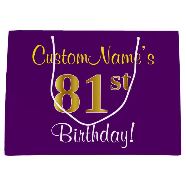 Elegant, Purple, Faux Gold 81st Birthday + Name Large Gift Bag (Front)