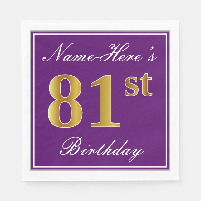 Elegant Purple, Faux Gold 81st Birthday + Name Napkin (Front)