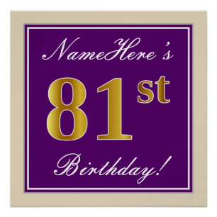 Elegant, Purple, Faux Gold 81st Birthday + Name Poster