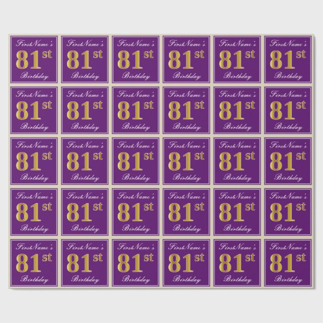 Elegant, Purple, Faux Gold 81st Birthday + Name Wrapping Paper (Flat)
