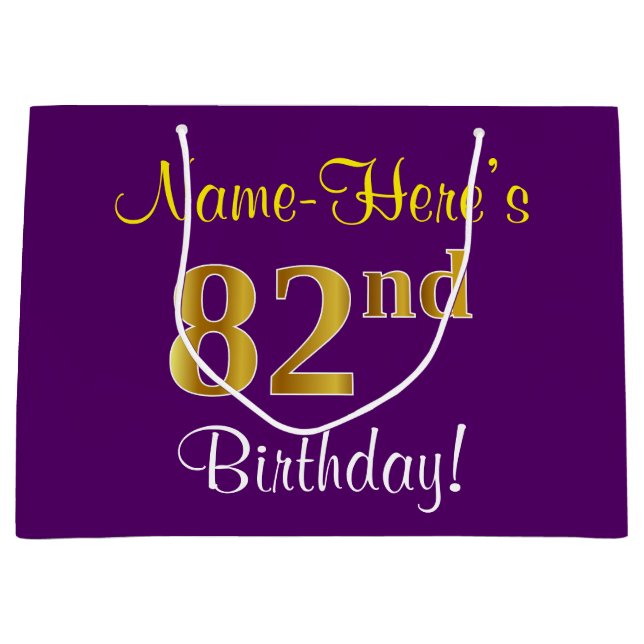 Elegant, Purple, Faux Gold 82nd Birthday + Name Large Gift Bag (Front)