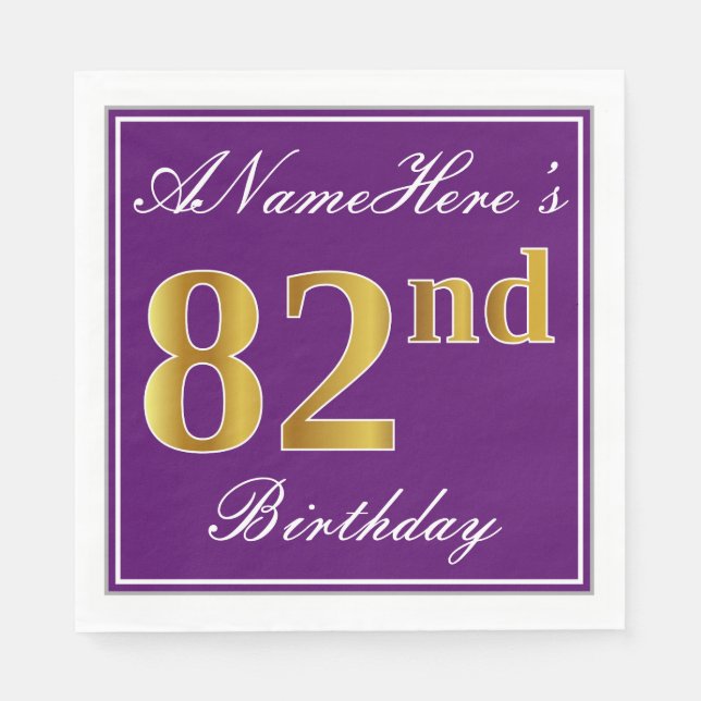 Elegant Purple, Faux Gold 82nd Birthday + Name Napkin (Front)