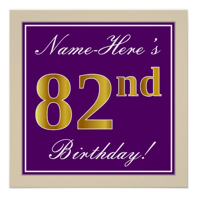Elegant, Purple, Faux Gold 82nd Birthday + Name Poster (Front)