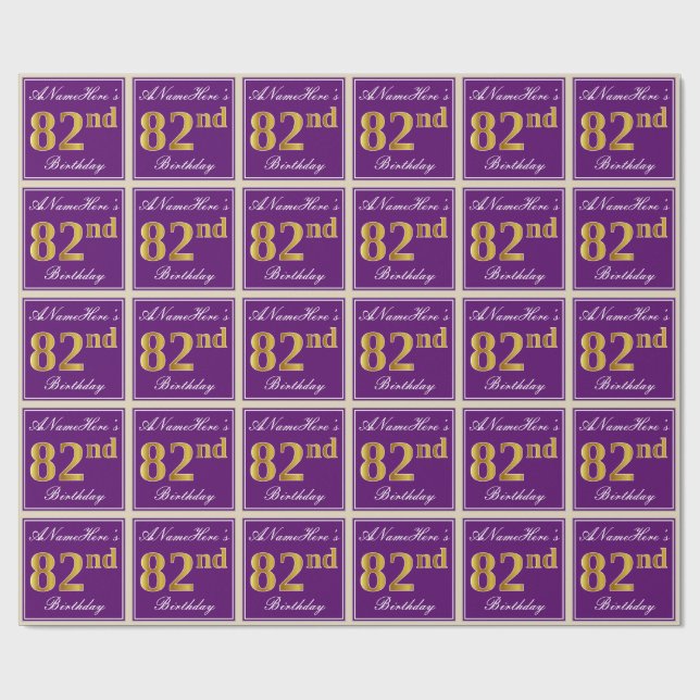 Elegant, Purple, Faux Gold 82nd Birthday + Name Wrapping Paper (Flat)