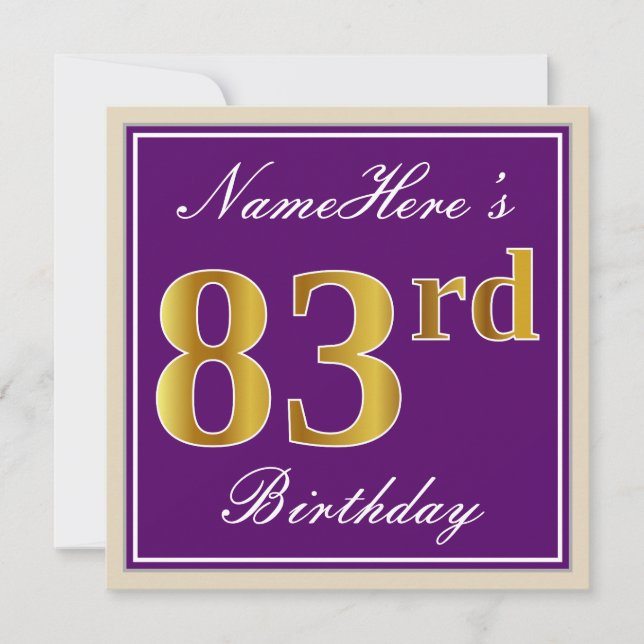 Elegant, Purple, Faux Gold 83rd Birthday + Name Invitation (Front)