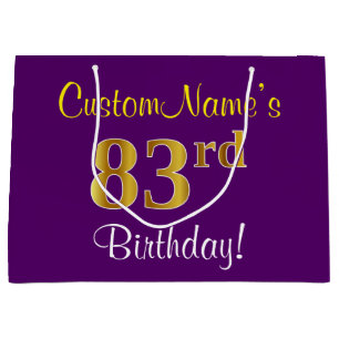 Elegant, Purple, Faux Gold 83rd Birthday + Name Large Gift Bag