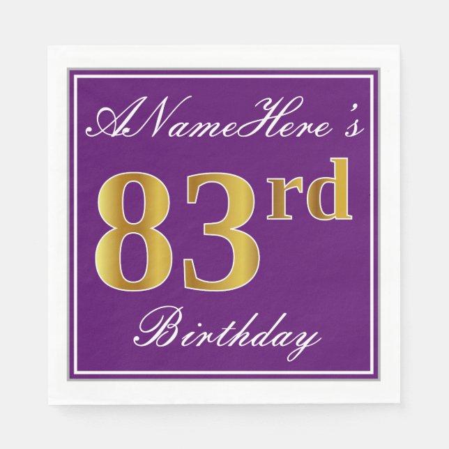 Elegant Purple, Faux Gold 83rd Birthday + Name Napkin (Front)