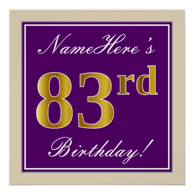 Elegant, Purple, Faux Gold 83rd Birthday + Name Poster (Front)