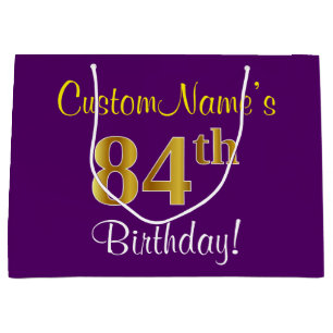 Elegant, Purple, Faux Gold 84th Birthday + Name Large Gift Bag