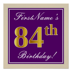 Elegant, Purple, Faux Gold 84th Birthday + Name Poster