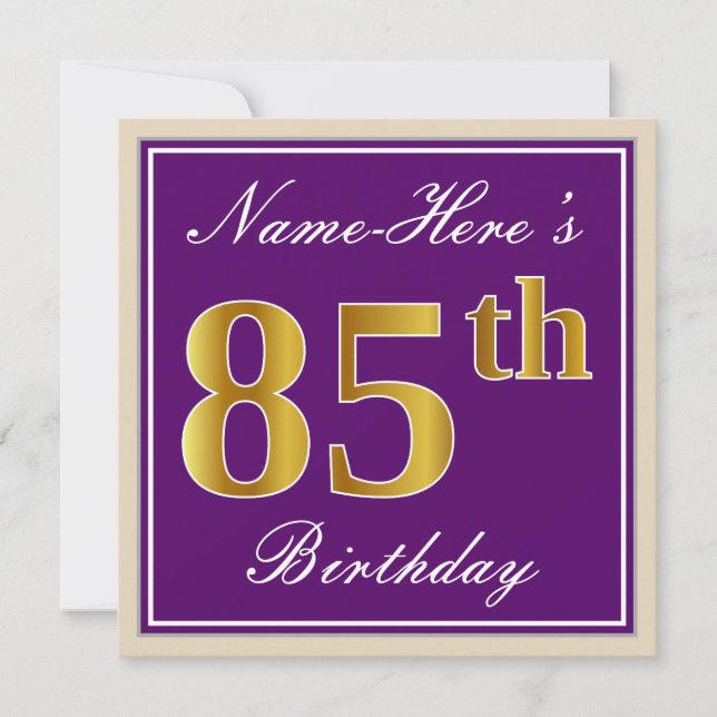 Elegant, Purple, Faux Gold 85th Birthday + Name Invitation (Front)