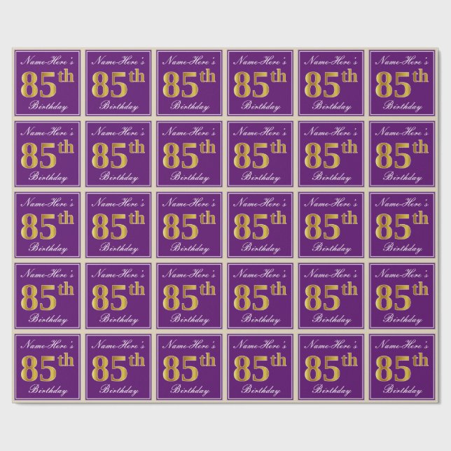 Elegant, Purple, Faux Gold 85th Birthday + Name Wrapping Paper (Flat)