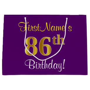 Elegant, Purple, Faux Gold 86th Birthday + Name Large Gift Bag