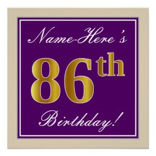 Elegant, Purple, Faux Gold 86th Birthday + Name Poster