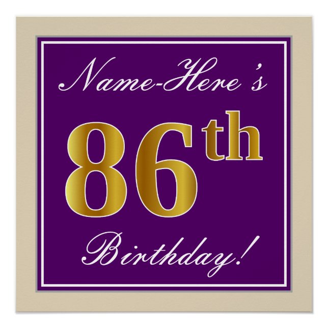 Elegant, Purple, Faux Gold 86th Birthday + Name Poster (Front)