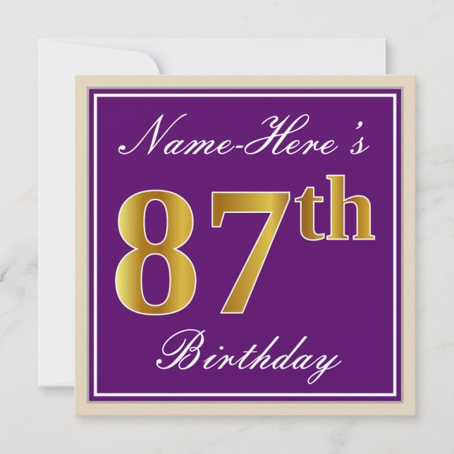 Elegant, Purple, Faux Gold 87th Birthday + Name Invitation (Front)