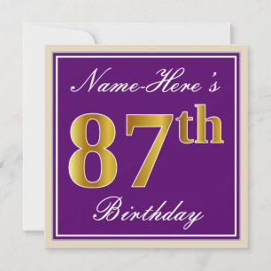 Elegant, Purple, Faux Gold 87th Birthday + Name Invitation