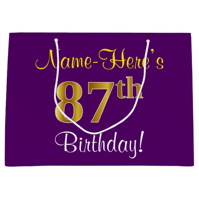 Elegant, Purple, Faux Gold 87th Birthday + Name Large Gift Bag (Front)