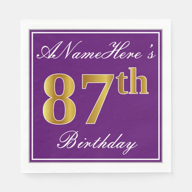 Elegant Purple, Faux Gold 87th Birthday + Name Napkin (Front)